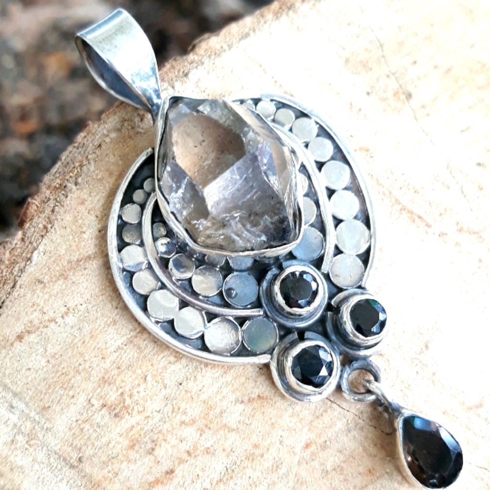 Herkimer Diamond & Smoky Topaz Silver Pendant